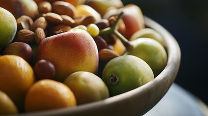Close-up of a wooden bowl brimming with vibrant mixed fresh fruits and almonds