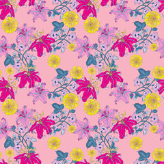 Hand drawn colorful flowers seamless patterns digital clipart eatern asian orient style for fabric, textiles, clothing