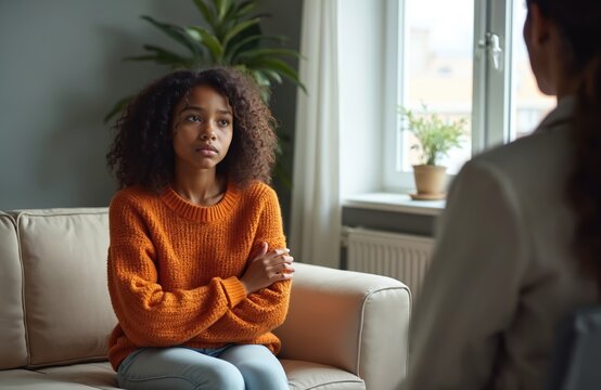 Depressed African American teen girl sitting sofa at psychologist office. Sad young woman troubled by mental health issues. Mental health counselor consultation, support therapy. - Powered by Adobe