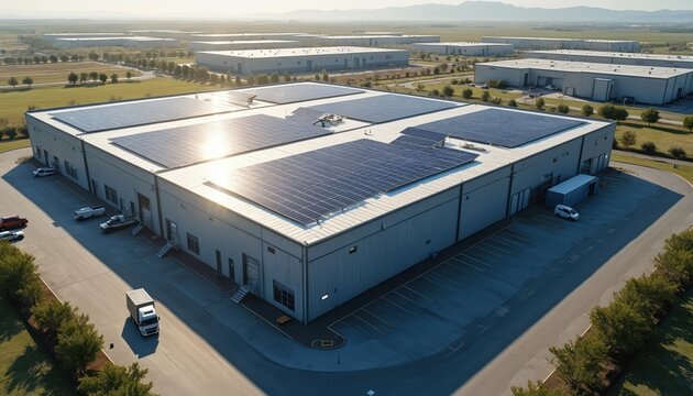 Aerial view of modern industrial facility with solar panels on roof. Building exterior represents eco-friendly green tech, renewable energy. Sustainable factory generates clean power. Business