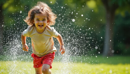 Happy child runs through sprinkler in summer. Joyful kid laughing, splashing water drops in garden. Playful moment outdoor fun. Warm sunshine, cool water. Summer vibes, childhood.