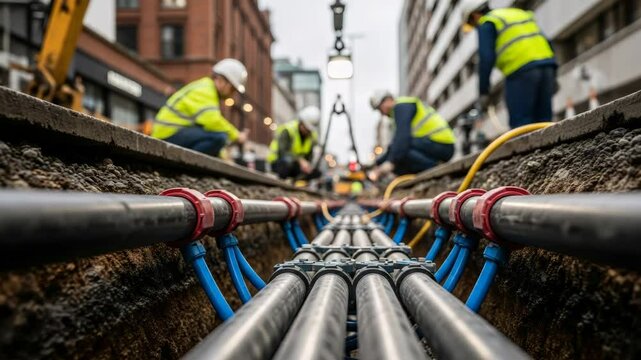 Man installing underground fiber optic cables for high-speed internet connection in a city street. Urban utility construction footage.