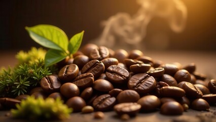 Fototapeta premium Aromatic Coffee Beans with Fresh Leaves and Warm Lighting A Rich and Inviting Still Life