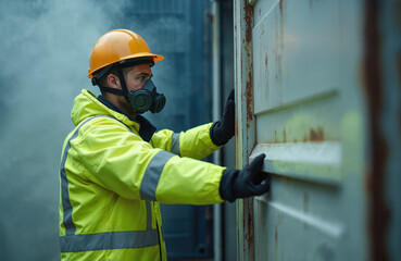 Male rescue worker in PPE, mask protection inspects tank containing dangerous toxic gas. Safety measures, industrial accident, chemical leak, hazard control, emergency response, gas leak prevention.