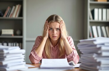 Stressed young businesswoman in office, overwhelmed by paperwork. Worried female office worker with stacks of documents, headache, face expression showing frustration. Office, business, work overload