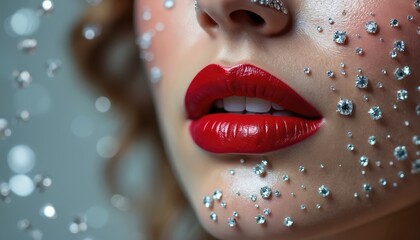 Close-up of woman face with red lipstick and diamonds. Glamour portrait with shiny diamonds on skin, nose and lips. Sensual beauty with perfect makeup on a silver background.