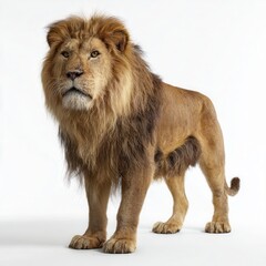 Fototapeta premium Majestic lion stands gracefully against a pure white background showcasing its powerful form and striking features in a captivating display