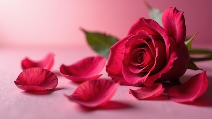 Fototapeta premium A single crimson rose rests gently upon a soft pink surface, scattered rose petals surrounding it, creating a delicate and romantic scene.