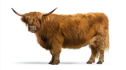 Highland cow stands majestically on a clean white backdrop, showcasing its striking features and fluffy coat in full view of the audience