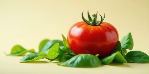 A vibrant red tomato nestled amongst lush green leaves, a symbol of freshness and natural goodness