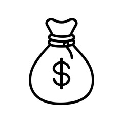 Minimalist Silhouette Icon of a Money Bag with Dollar Sign, Simple Black Line Art Design on White Background Representing Wealth, Savings, Finance, Banking, and Financial Success Concept