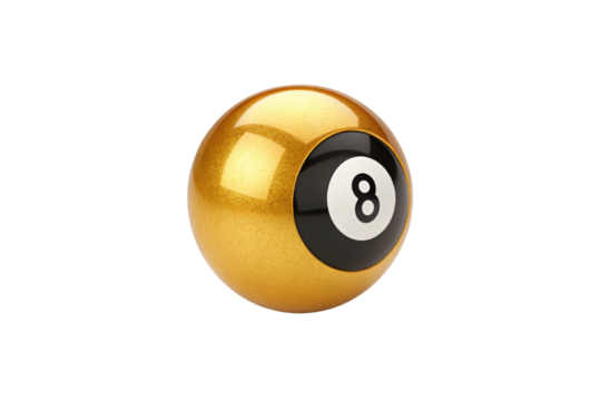 Golden billiard ball number eight with black circle and white number marking, isolated on a transparent background
