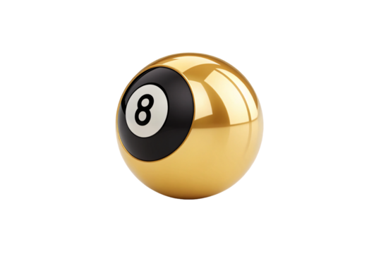 Golden pool ball with black number eight circle and reflective metallic surface finish, isolated on a transparent background