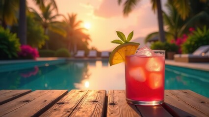 Obraz premium Refreshing Sunset Cocktail by the Poolside on a Wooden Deck