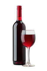 Elegant red wine bottle alongside a glass showcasing deep crimson liquid on a white backdrop