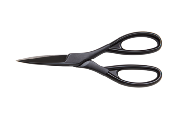 Curved scissors with plastic handles ideal for precise cutting tasks on a bright white background