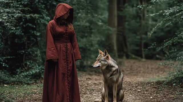 A woman in a crimson cloak stands beside a vigilant wolf deep in a pine forest. Concept of primal alliance.