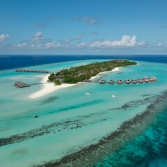 Tropical island with clear turquoise water, white beach, overwater bungalows, aerial view, perfect for summer travel poster, clean background, no people, no text, stock-ready, 4K
