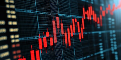 economic risk policy tock market. Stock market graph with fluctuating red and green candlesticks on a digital display.