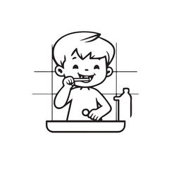 Vector art of a young boy brushes his teeth in the bathroom, isolated on white background