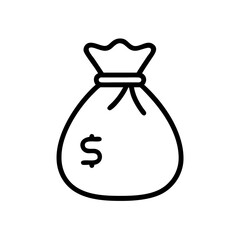 Minimalist Silhouette Icon of a Money Bag with Dollar Sign, Simple Black Line Art Design on White Background Representing Wealth, Savings, Finance, Banking, and Financial Success Concept