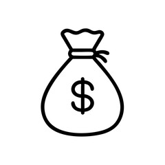 Minimalist Silhouette Icon of a Money Bag with Dollar Sign, Simple Black Line Art Design on White Background Representing Wealth, Savings, Finance, Banking, and Financial Success Concept