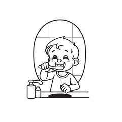Vector art of a cheerful boy brushing his teeth in the bathroom, isolated on white background