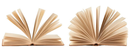 Two open books with pages fanned out, showcasing their content and inviting reading.