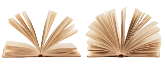 Two open books with pages fanned out, showcasing their content and inviting reading.