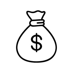 Minimalist Silhouette Icon of a Money Bag with Dollar Sign, Simple Black Line Art Design on White Background Representing Wealth, Savings, Finance, Banking, and Financial Success Concept