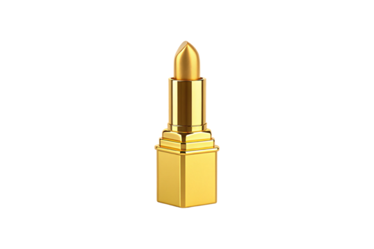 Golden lipstick in elegant tube with pointed tip and luxurious square base packaging, isolated on a transparent background