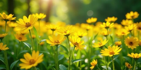 Obraz premium Vibrant Yellow Flowers Basking in the Warm Golden Sunlight of a Summer Meadow
