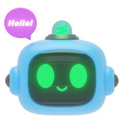 blue plastic toy chatbot saying hello d icon in cartoon plastic style minimal isolated on transparent white background, clipping path	
 