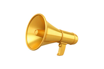 Golden megaphone bullhorn loudspeaker announcement communication broadcast public speaking device amplifier sound equipment marketing, isolated on a transparent background