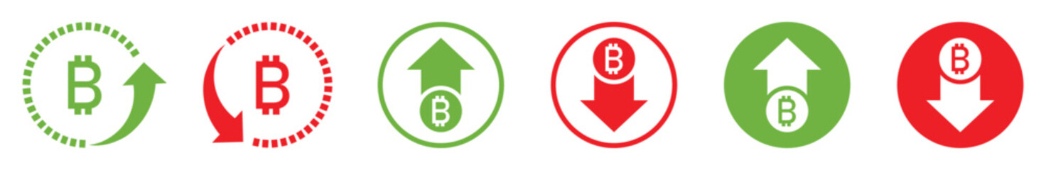 Bitcoin price trends with up and down arrows. Bull and bear cryptocurrency market. Green for rising value and red for falling. Useful for finance, apps, and blockchain. Profit and loss crypto icons. 