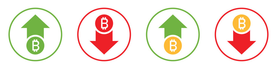 Bitcoin price trends with up and down arrows. Bull and bear cryptocurrency market. Green for rising value and red for falling. Profit and loss crypto icons. Useful for finance, apps, and blockchain.