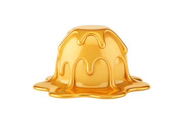 Fototapeta premium Golden honey syrup pudding dessert dripping sweet liquid amber caramel sauce topping flowing viscous, isolated on a transparent background