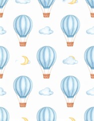 Seamless pattern of blue hot air balloons with clouds and moons on a white background surface design