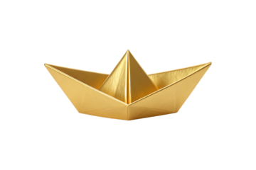 Golden origami paper boat with metallic finish and sharp angular folds, isolated on a transparent background