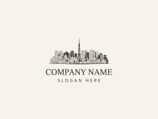 Naklejka premium Vintage Engraved Cityscape Illustration Japan Tokyo City Architecture logo design