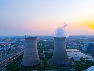 Aerial view of two Coal-fired power generation In the suburbs, Shanghai.