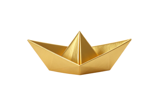 Golden origami paper boat with metallic finish and sharp angular folds, isolated on a transparent background