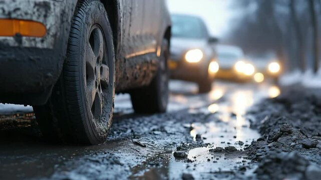 A rugged vehicle drives through deep potholes scattering dirty water. Concept of road maintenance need.