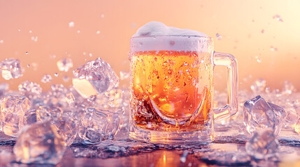 Frothy Beer in a Mug Surrounded by Ice Cubes with a Warm Background