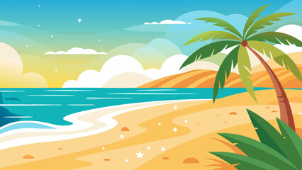 Obraz premium Tropical Beach Landscape with Palm Tree and Ocean at Sunset Illustration