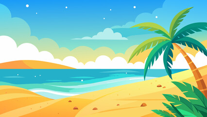 Obraz premium Tropical Beach Landscape with Palm Tree and Ocean at Sunset Illustration