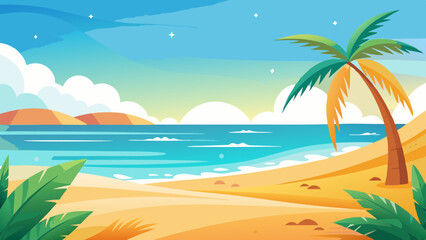Obraz premium Tropical Beach Landscape with Palm Tree and Ocean at Sunset Illustration