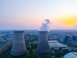 Aerial view of two Coal-fired power generation In the suburbs, Shanghai.
