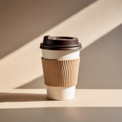 A photograph of a disposable coffee to-go cup resting on a soft, blush-colored backdrop. The cup is a classic design with a corrugated cardboard sleeve featuring a subtle geometric pattern and a brigh
