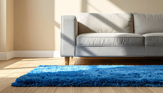 Close-up photo of soft blue shag rug texture touching Scandinavian sofa base with natural window light and cozy minimalist interior styling
